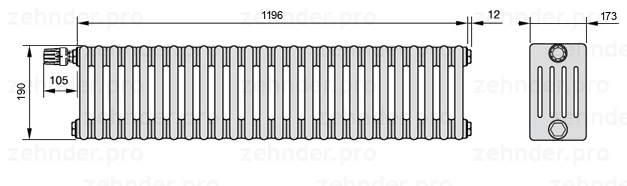 Схема (чертеж) Радиатор Zehnder Charleston 5019/26 №V012 Белый глянцевый RAL 9016